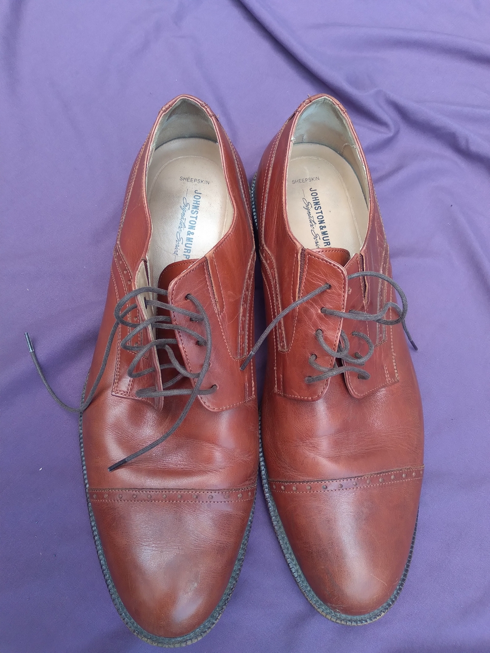Johnston & Murphy Men's Cognac Brown Leather Cap-Toe Oxfords Sheepskin